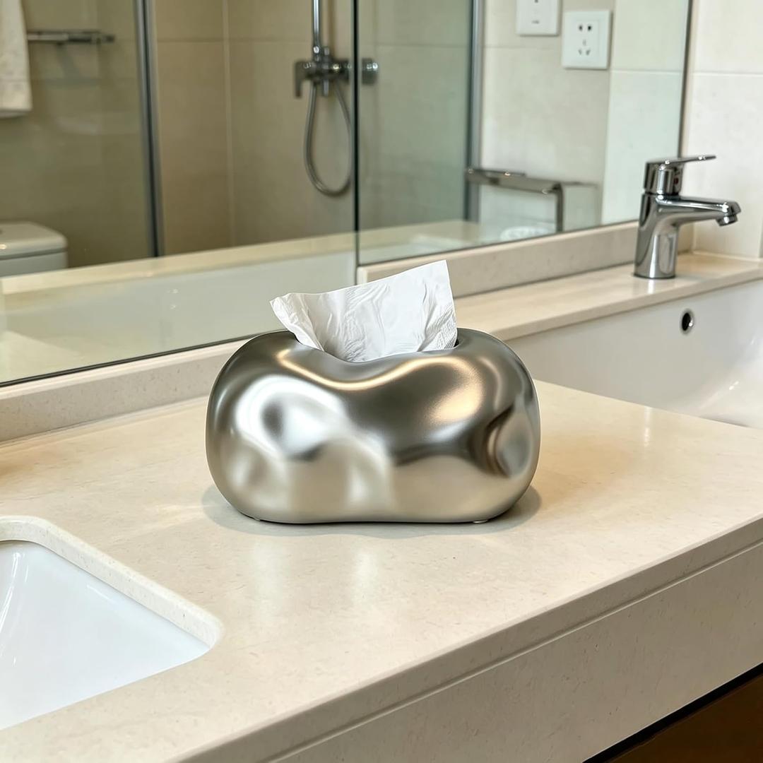 Ceramic Tissue Box Cover Modern Decorative Organizer for Facial Tissues Holder, Farmhouse Style Home Decor for Bathroom, Bedroom, Living Room & Office (Round Silver)