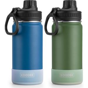 koodee Water Bottle 2 Pack 16 oz Stainless Steel Vacuum Insulated Water Bottle Wide Mouth Sports Flask with Leakproof Spout Lid (Navy and Grass Green)
