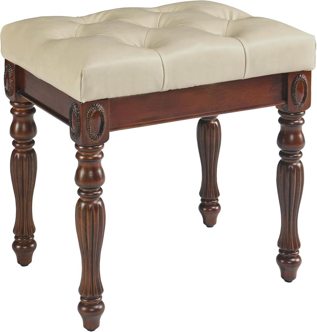 Vanity Bench Stool with Upholstered Seat, Piano Bench with Solid Wood Carving Legs, Home Chairs Button Padded Cushion, Makeup Dressing Bench, No-Tools Assembly, Cherry Walnut Leg & Beige FD1533BG