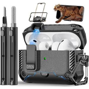 for AirPods Pro 3 Case with Phone Stand,(Automatic Snap Switch Lock) Carbon Fiber Texture Design Cover with Cleaner Kit -Grey