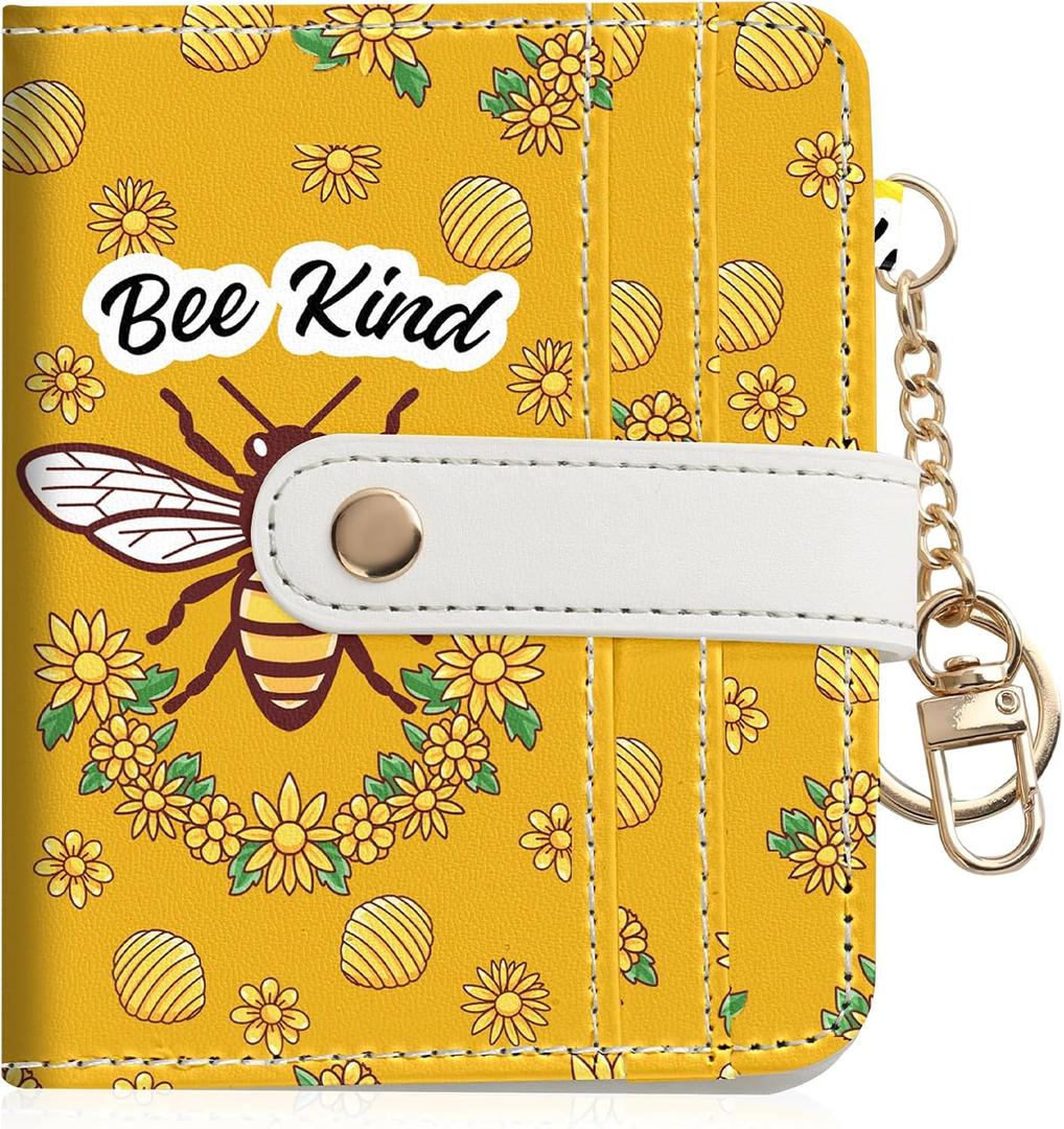 Women Wallet, RFID Blocking Bifold PU Leather Wallet, Small Slim Compact Purse with Clear ID Window & Zipper Coin Pocket, Credit Card Holder for Ladies,1 ID window 8 Card Slots,Bees