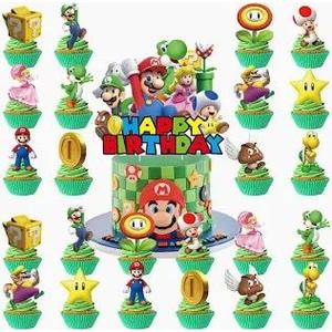 CJML 1 Zhong Mario Birthday Party Supplies, 24 Cupcake Cake Toppers 2 Packs