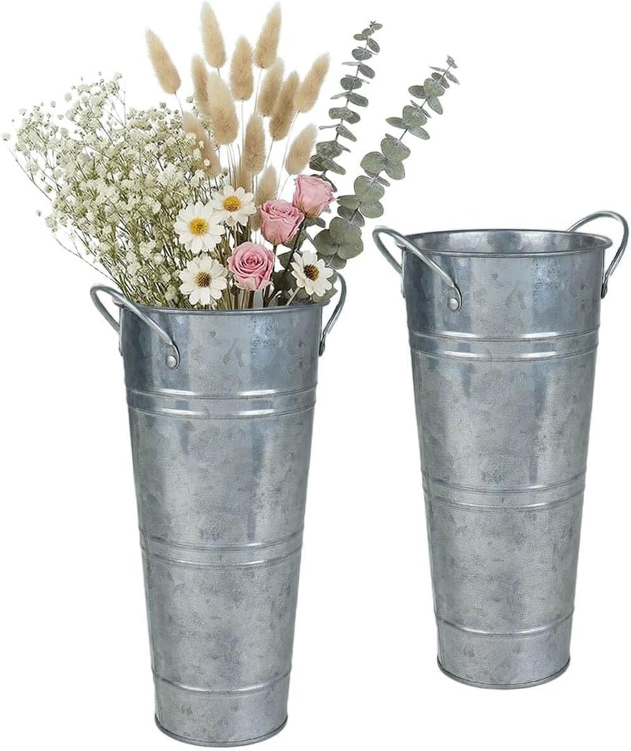 Vensovo 9" Tall Galvanized Flower Bucket, 2 Pcs French Metal Vases with Handles, Tabletop Rustic Floral Buckets for Dried Flowers, Wedding Flower Bar & Home Decor, Silver