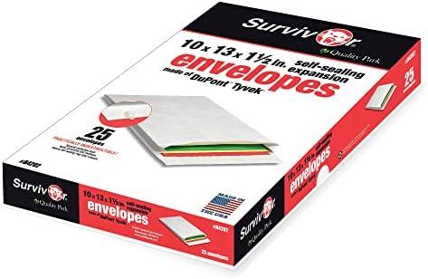 Quality Park Survivor Lightweight 14 lb Tyvek Open End 1.5" Expansion Mailers, 13 1/2, Square Flap, Redi-Strip Closure, 10 x 13, White, 25/Box