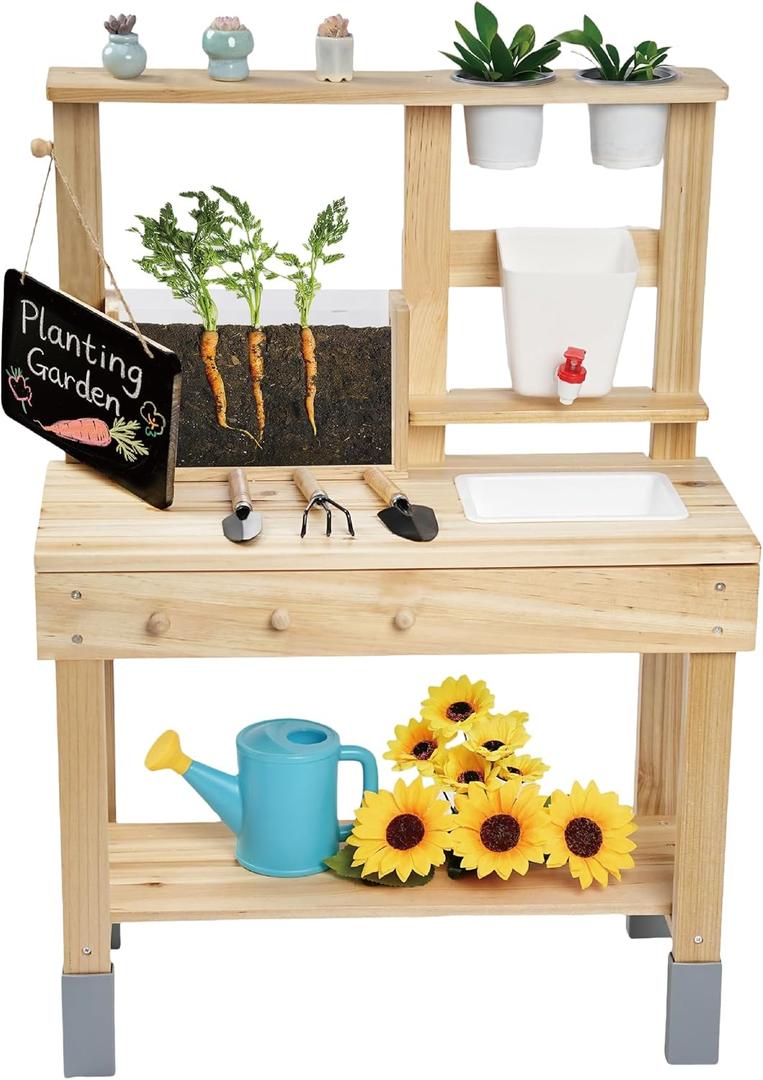 Kids Potting Bench, Garden Station to Grow Your own Vegetables, Plants and Flowers, Wooden Toy Gardening Center with Sink & Faucet, Blackboard, Garden Accessories, Storage Shelf