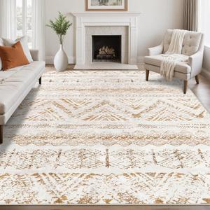 Area Rug Living Room Carpet: 8x10 Large Moroccan Soft Fluffy Geometric Washable Bedroom Rugs Dining Room Home Office Nursery Low Pile Decor Under Kitchen Table Light Brown/Ivory