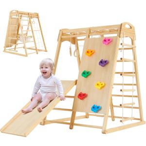 FUNLIO 8-in-1 Wood Indoor Playground for Kids 3-8 Years, Larger & Heavier Climbing Toys with Solid Pine, Indoor Gym for Kids with Swing/Slide/Climbing Rock/Net/2 Ladders/Monkey Bars/Gymnastic Rings