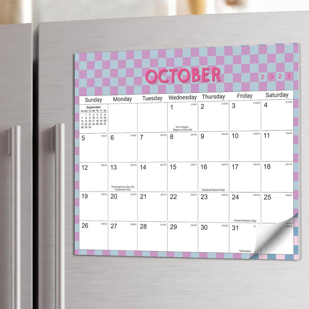 Aesthetic 2025-2026 Magnetic Calendar for Refrigerator, 21-Month Fridge Calendar Magnet from October 2025 to June 2027, Easy OrganizingCheckered