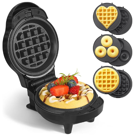 UVFAST Mini Waffles Maker with 6 Removable Plates, 3 in 1 Small Waffle Maker Mini Waffle, Heart Waffle, Donut, 4.5" Non Stick Waffle Iron for Kids and Families, Black