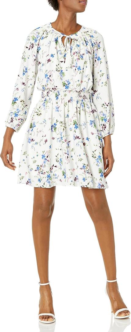 Taylor Women's Long Sleeve V Neck Tie Floral Print Smocked Waist Short Satin CDC Blouson Dress (16-17)