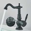 Antique Brass Bathroom Basin Carved Faucet Long Nose Spout Wash Sink Tap 360 Rotation Single Handle Tap Short-Brush Nickel, Short matte Black