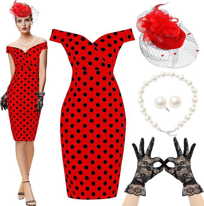 JenPen 5 Pcs Halloween Vintage Polka Dot Dress for Women 1950s Derby Tea Party Attire Retro Pencil Bodycon, Red 