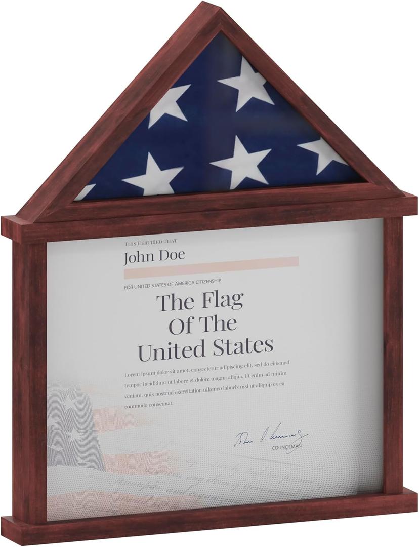 Flash Furniture Quincy Flag and Certificate Display Case, Solid Pine Wood Flag Shadow Box Fits 3x5 Folded Flag, Mahogany Finish