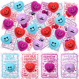 28-Pack Heart-Shaped Stress Relief Balls with Cards - Kids' Valentine Party Favors, Gifts, School Supplies