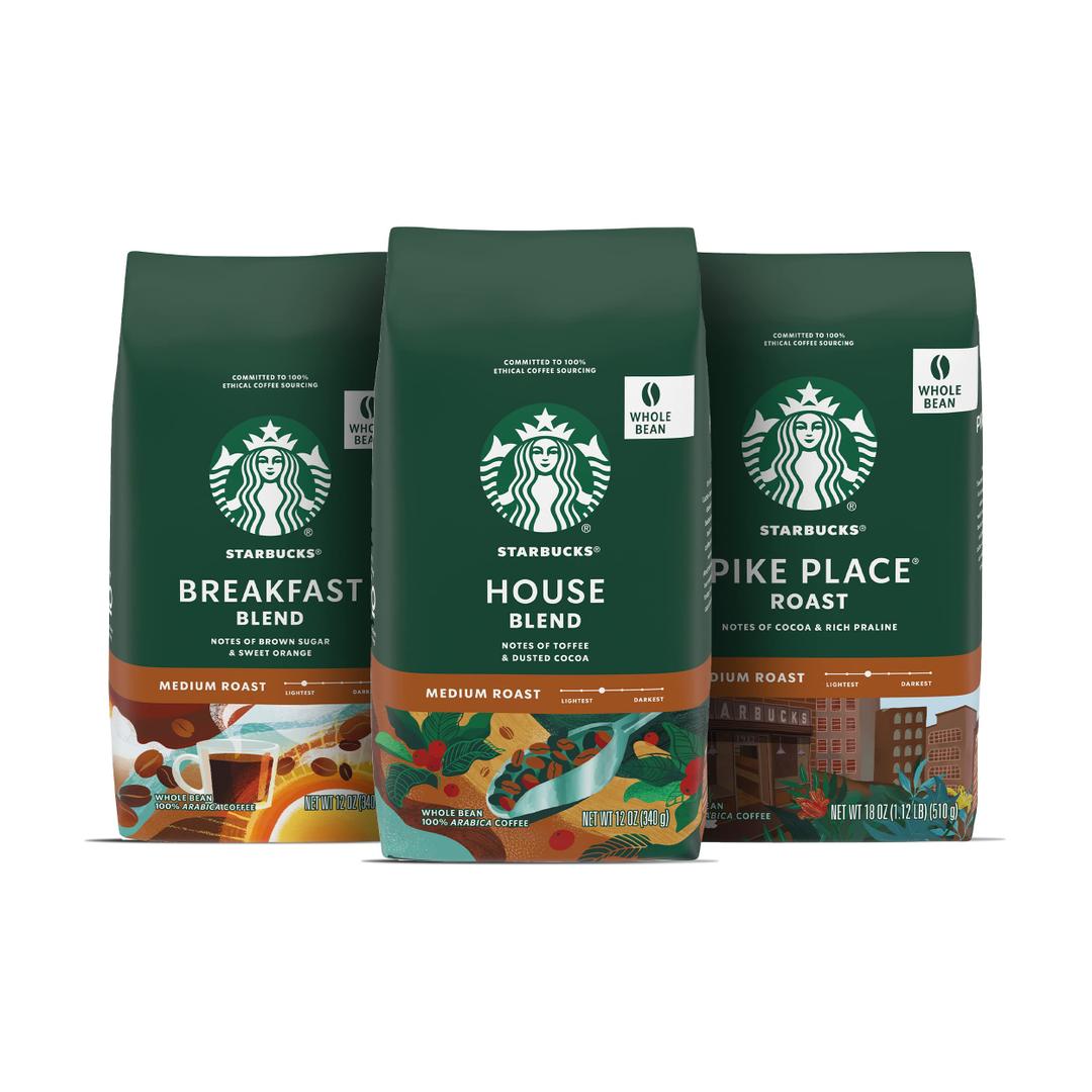 Starbucks Medium Roast Whole Bean Coffee Variety Pack 3 bags (12 oz each) Medium Roast Variety Pack 12 Ounce (Pack of 3), Best By 07/30/26