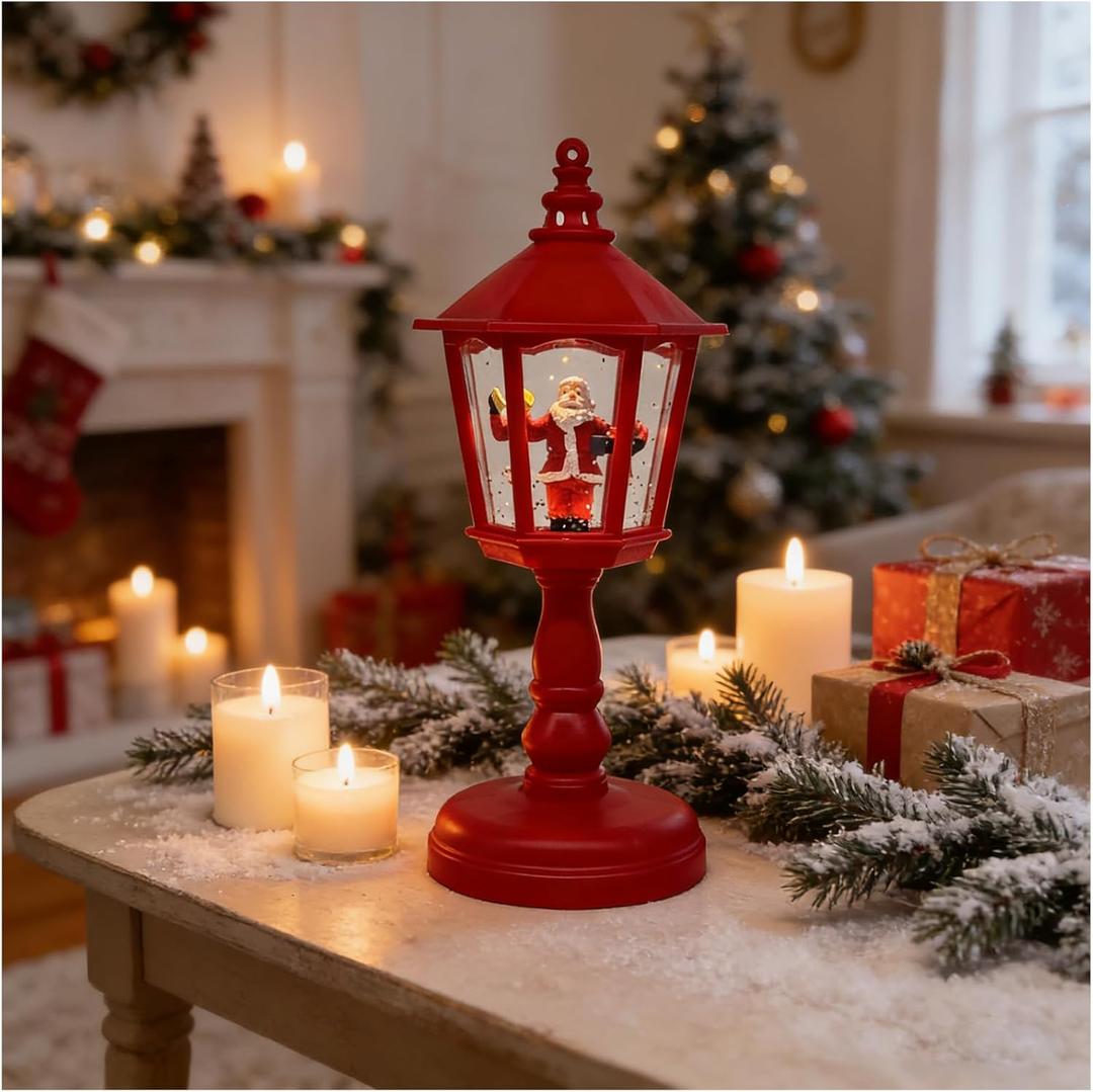 Christmas Snow Globe Lantern, Snowy Effects & Santa Scene Mini Streetlamp Home Tabletop Decorations-Santa Claus