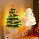 2 Pack Ceramic Christmas Tree Night Light, 6 Decorative Xmas Tree Lamp Multicolor Bulbs & ON/Off Switch, Vintage Christmas Wall Nightlight for Bedroom Bathroom Living Room Porch Holiday Decor