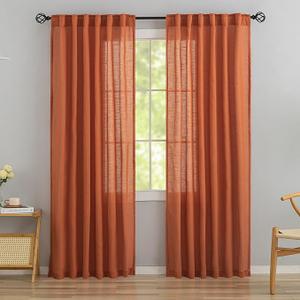 Burnt Orange Linen Back Tab Curtains 84 Inches Long 2 Panels Set for Bedroom,Pumpkin Hallowmas Day Home Decoration Hooks Belt Pleated Semi Privacy Drapes Light Filtering Window Curtains,Rust,W52 x L84