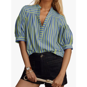 Womens Short Puff Sleeve Striped Blouses Top V Neck Loose Fit Casual Summer Work Blouses Striped Shirt Size Large