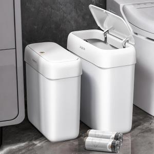 JOYBOS 2 Pack Bathroom Trash Can with Lid, 3 Gal/12 L & 2.7 Gal/10L Garbage Can with PopUp Lid,Small Spaces Plastic Trash Can, Slim Trash Bin Waste Basket for Bathroom,Rv, Office, White