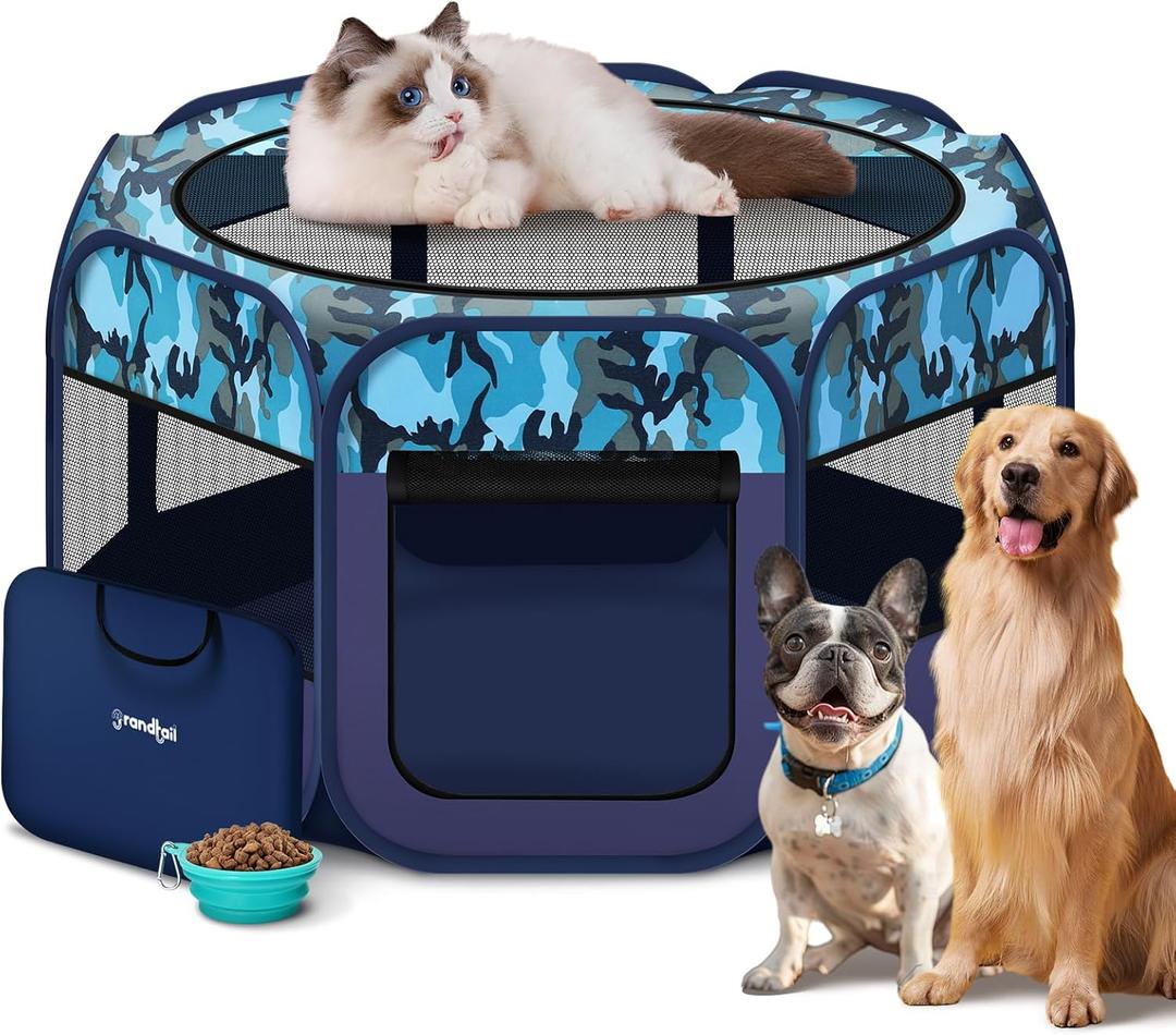 Dog Playpen, Pet Playpen, Portable Cat Playpen, Pop Up Foldable Puppy Playpen Exercise Kennel Tent with Carry Case Collapsible Bowl, Water -Resistant Shade Cover for Outdoor Indoor Travel (Large)