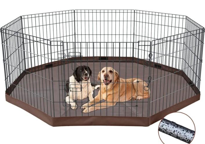NEZUC Foldable Metal Dog Exercise Playpen Gate Fence Dog Crate 8 Panels 24 Inch Height Puppy Kennels with Bottom Pad for Animals Outdoor Indoor (with Bottom pad, 8 Panels 24" H) (Brown)