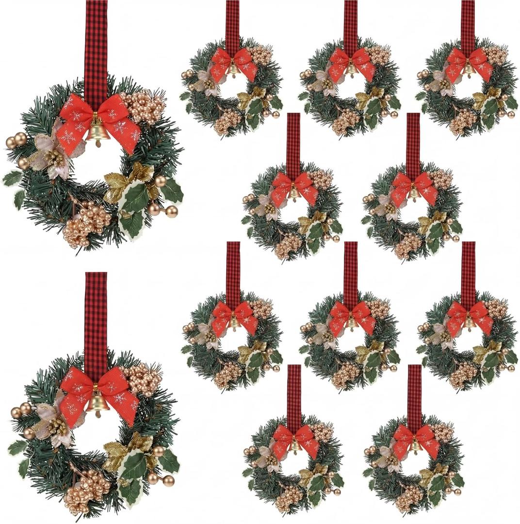 Zeyune 12 Pcs Small Christmas Wreaths for Kitchen Cabinets with Plaid Bow Ribbon Hanging Mini Christmas Cabinet Door Wreaths Decor for Kitchen Window Outdoor Indoor Holiday Decor, 14.96 x 7.87''