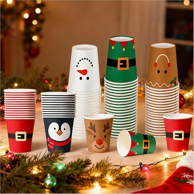 100 Christmas Cups, Christmas Disposable Paper Cups, Santa, Elk, Snowman, Penguin, 9 oz Xmas Event Drinkware for Daily Use & Holiday Parties