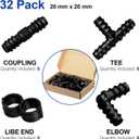Maitys 32 Pcs Drip Irrigation Fittings Kit for Tubing 8 Tees 8 Elbows 8 Couplings and 8 End Cap Plugs, Irrigation Barbed Connectors for Drip Sprinkler Systems Flower Pot Garden Lawn(3/4 Inch)