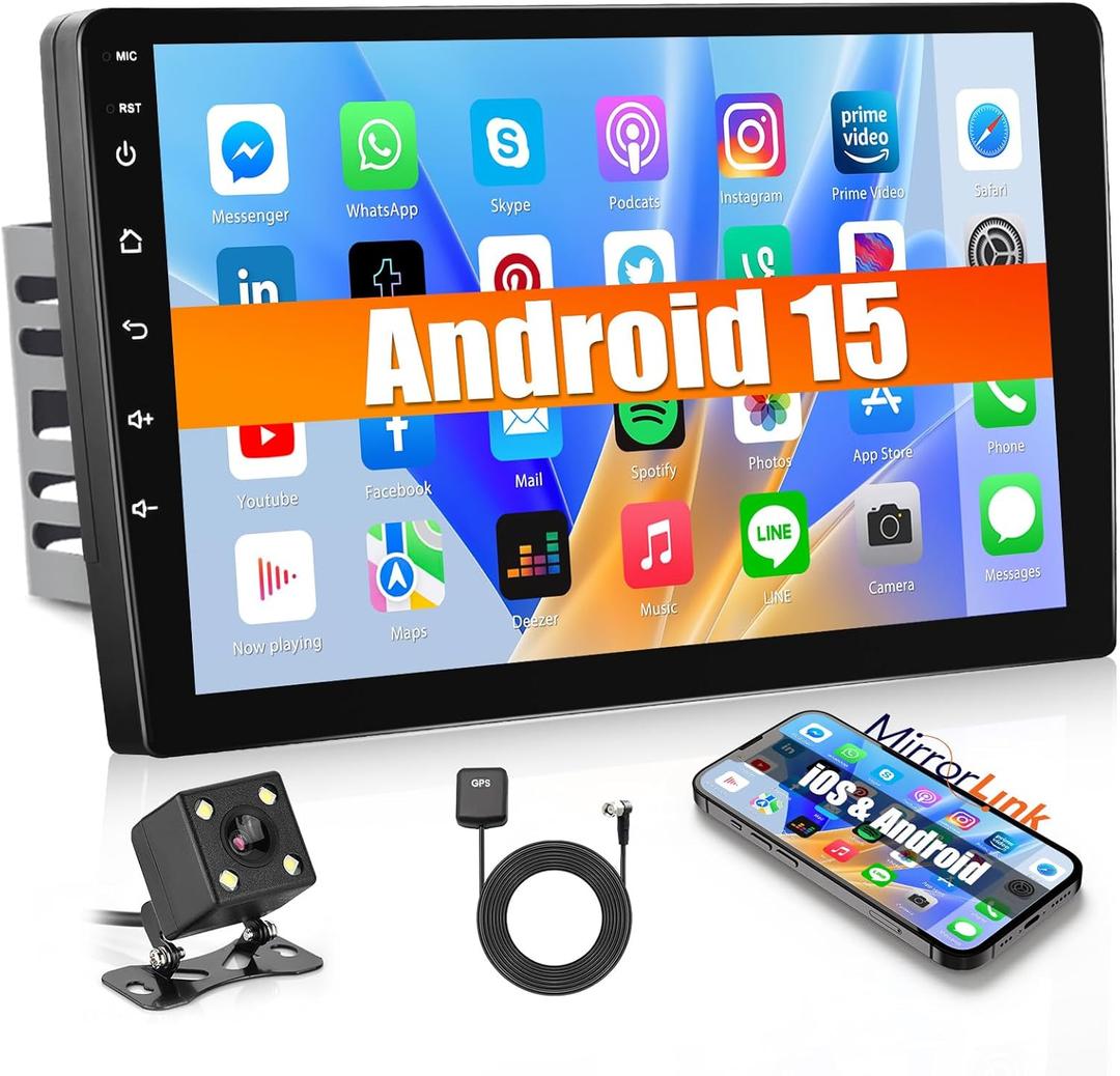 1G+32G Android 15 Radio 10.1 Inch Double Din Car Stereo with GPS Navigation Touch Screen Car Radios with Backup Camera, Support WiFi Bluetooth FM, Mirror Link+Dual USB