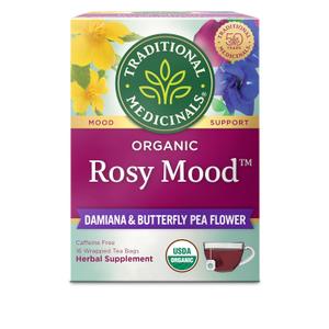 Traditional Medicinals Organic, Rosy Mood, Damiana & Butterfly Pea Flower - Uplifting Mood Support - Kosher, Non-GMO, Caffeine-Free, Compostable - 16 Tea Bags