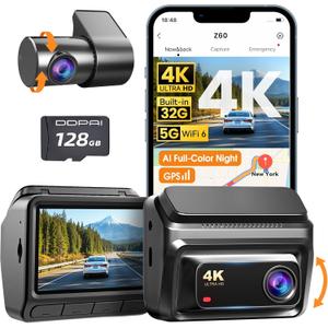 DDPAI 4K Dash Cam Front and Rear, Built-in 32G eMMC Dual Dash Camera for Cars, 128GB Card Included Dashcam, GPS, Night Vision, 5G WiFi, 7-Days Parking Mode, 3" IPS, ADAS, WDR, Support 512GB, Z60