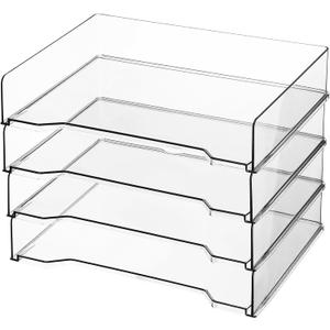 DoubleFill 4 Pcs Stackable Letter Tray Rectangular Plastic Desk Organizer 13 x 9.5 x 2.6 in Paper Holder File Tray Accessories Rack for Desktop Office Desk Drawers (Clear)