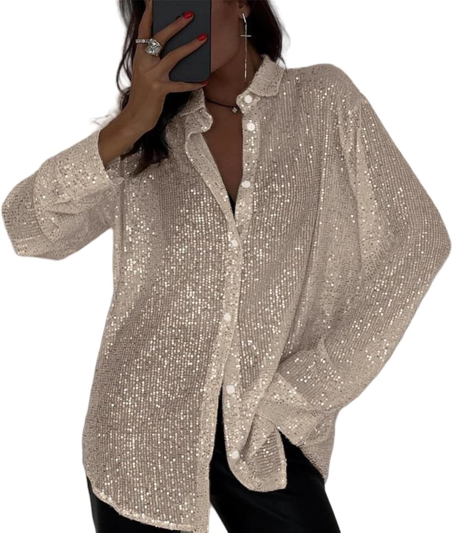 Womens Sequins Long Sleeve Collared Shirt Button Down Open Front Shirt Loose Blouses Shirts Tops (Medium, Apricot Silver)