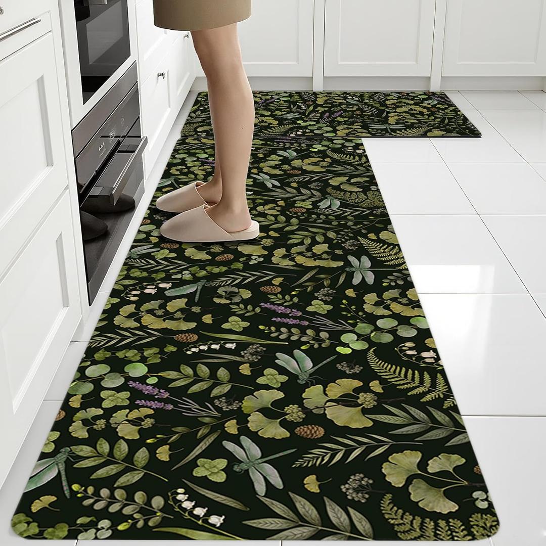 Green Botanical Rugs for Kitchen Floor, Plants Anti Fatigue Mats for Kitchen Floor Non Slip, 2PCS Rubber Kitchen Mat, Washable Cushioned Runner Carpet Rug for Sink Laundry Room 15.7"27.5" +15.7"47"