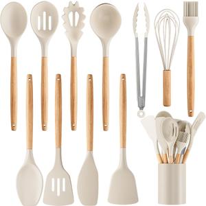 Silicone Cooking Utensil Set,12 PCS Cooking Cookware Kitchen Utensils Set for Cooking, Nonstick 446F Heat-Resistant Cookware Kitchen Tools of Spoon,Brush,Whisk,Spatula,Turner Tongs (Khaki)