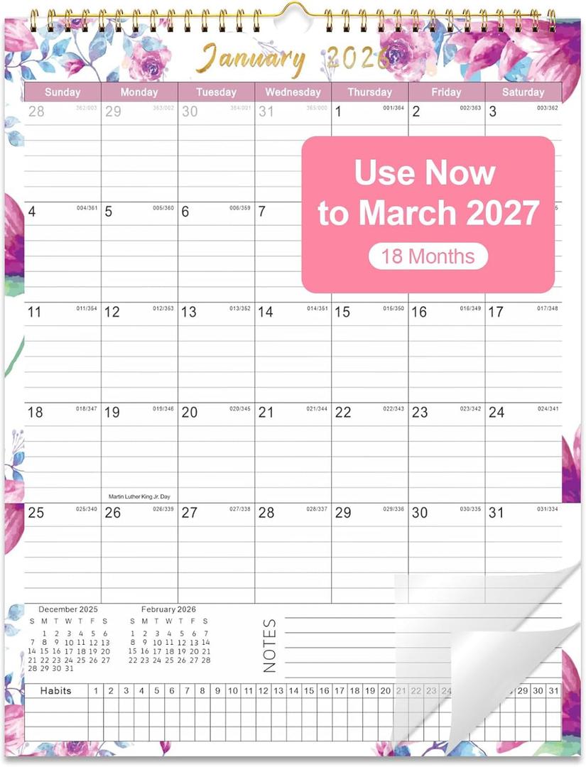 4 x Gannyfer 2026 Calendar, 14" x 11" Floral 2026 Wall Calendar, 18 Months from Oct. 2025 to Mar. 2027, Magnetic Fridge Calendar, Perfect for Home, School, Office (3 Stickers Included) (colorful)