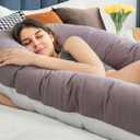 QUEEN ROSE Extra Long U Shaped Body Pillow, 65in Pregnancy Pillows for Sleeping, Full Body Support for Adults and Maternity Women, Cooling Sateen Cover, Purple and White