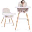 Convertible Baby High Chair, 3-in-1 Wooden Highchair/Toddler Chair with Removable Tray, 5-Point Harness, PU Cushion, Footrest for Babies & Toddlers, Beige