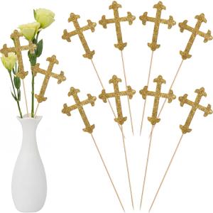 Menkxi 30 Pcs Baptism Gold Glitter Cross Centerpiece Sticks 10" Double Side Cross Baby Shower Cake Toppers Centerpieces for Tables Wedding Birthday Party Religious Christening Decoration