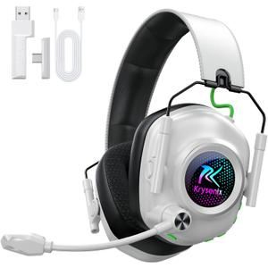 Krysenix Wireless Gaming Headset for PS5 & PC, 50mm Titanium Drivers, Low-Latency 2.4GHz & Bluetooth, Adjustable Noise-Cancelling Mic, Foldable RGB Over-Ear Headphones White