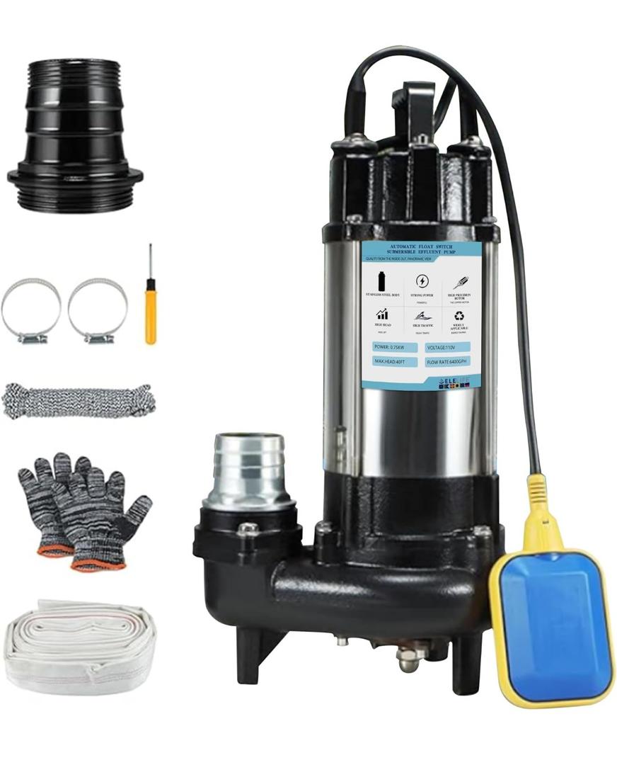 1HP Sewage Grinder Pump Submersible Effluent Pump, Sump Pump 110V 6400GPH with Automatic Float Switch,Stainless steel body and reamer.2'' NPT Discharge for Basement, Sump Basin.