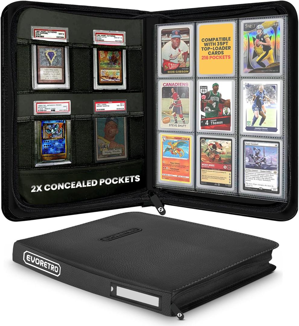 Top Loader Binder for 35pt-55pt Cards 216 Slot Toploader Binder with 9-Pocket Pages, 4 PSA Slab Holders & Airtag Compartment, Sports Card Holder for Pokemon, MTG, Lorcana, Baseball & More
