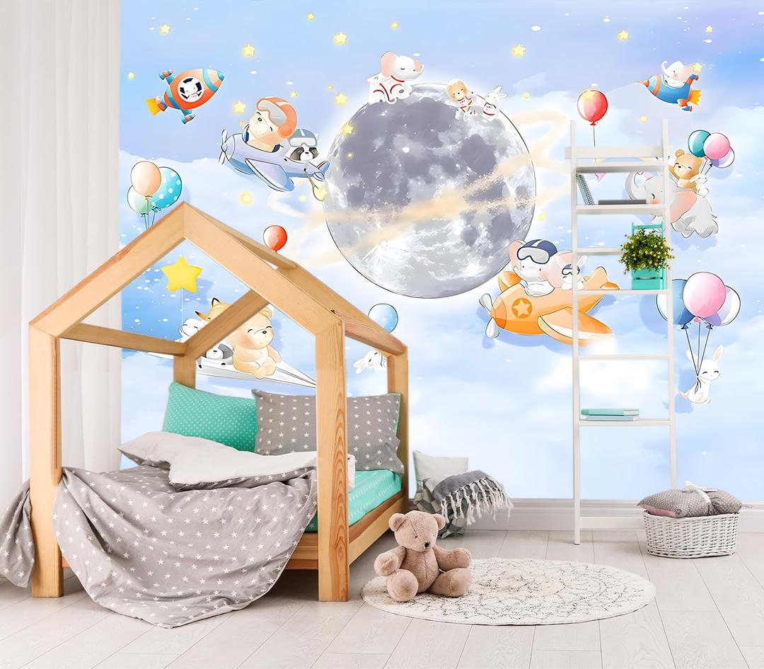 XMPMBM-Cartoon Animals Nursery Room backsplash Large Decorative Wallpaper Clouds the Moon Bedroom Bathroom wall Mural- W 154" X H 105"（112 Square Foot）