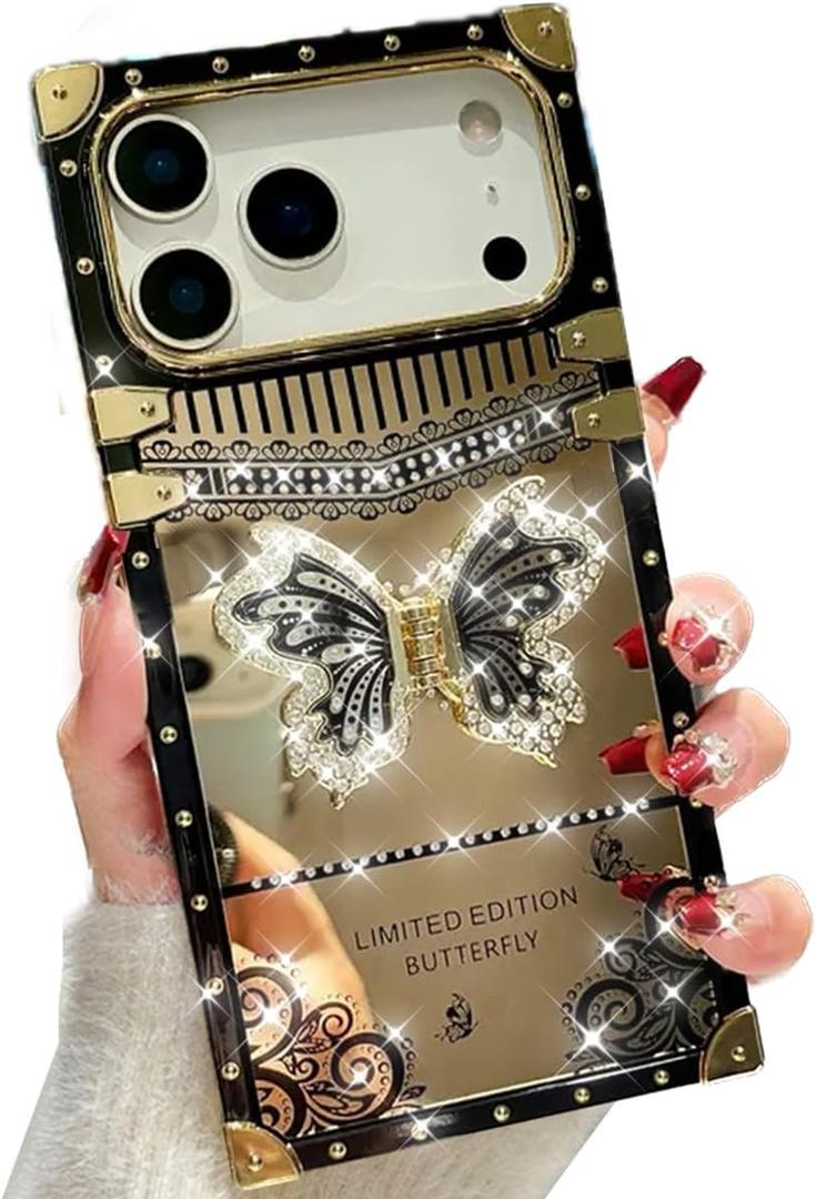 AuroiCYY for iPhone 17 Pro Max Butterfly Stand Case, Glitter Bling Foldable Kickstand Woman Girls Mirror Back Golden Plated Shockproof Protective Elegant Cute Soft Cover for iPhone 17 Pro Max, Black