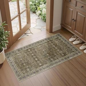 WITSHOCK Olive Green Brown Vintage Floral Area Rug 2x4, Low Pile Non-Slip Machine Washable Runner Rug for Bedroom Living Room Dining Room Nursery Playroom Home Decor