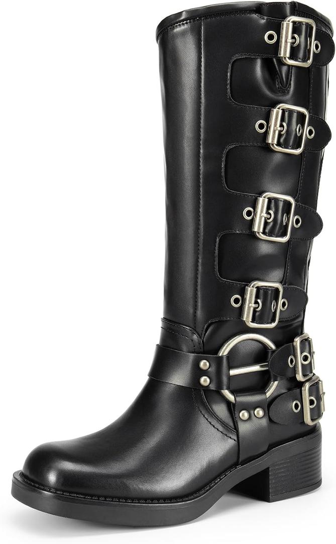DREAM PAIRS Women's Knee High Riding Boots Side Zipper Motorcycle Boots Square Toe Chunky Heel Fashion Buckles Biker Boots, 9