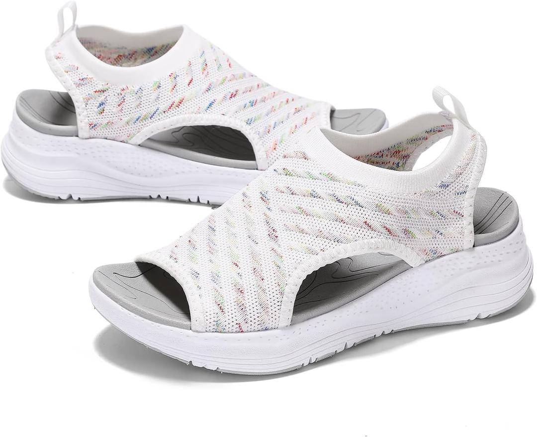 GoodValue Womens Comfortable Orthopedic Sandals Arch Support Ladies Walking Sport Athletic Sandals Open Toe Slip On Plantar Fasciitis Platform Dress Sandal 2 Inches Heel (6.5, Colorful White)
