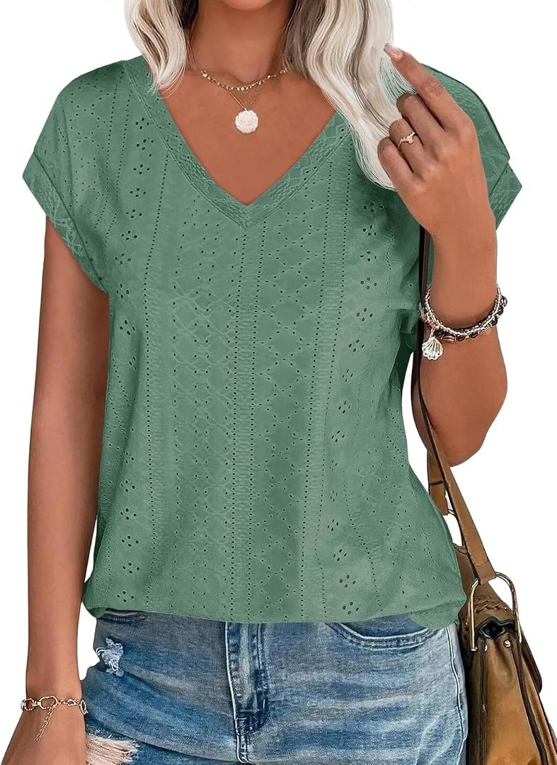 Imily Bela Womens V Neck T-Shirt Summer Cap Sleeve Dressy Casual Tops Eyelet Embroidered Fashion Tees (S)