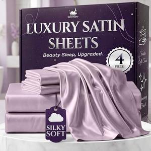 SLEEP SANCTUARY Satin Sheets Queen Size – 4 Piece Luxury Silky Bed Set, Softer Than Silk, 15" Deep Pocket, Cooling & Wrinkle-Free, Moisture-Wicking & Breathable for Hair & Skin (Lavender)